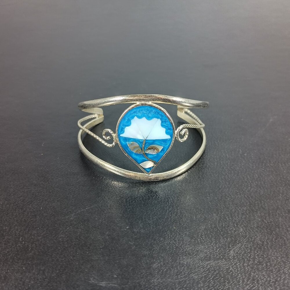 Vintage Alpaca Mexico Silver Tone Blue, Abalone Shell Inlaid Cuff/Bracelet